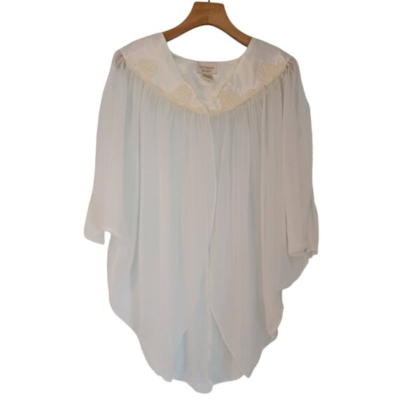 Vintage Victoria's Secret Kimono Ivory Sheer Capelet Robe Satin Pearls Snap OS - Picture 1 of 14